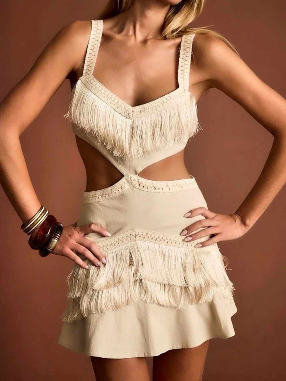Fringe Cutout Mini Dress in Cream New